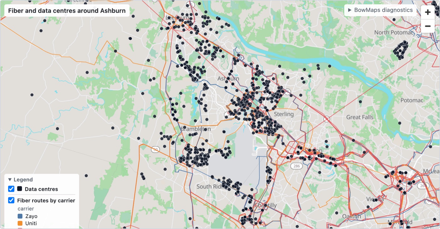Map of Zayo, Lumen and Uniti fiber routes around Ashburn, Virginia, coloured by carrier, with hundreds of data centres as dots