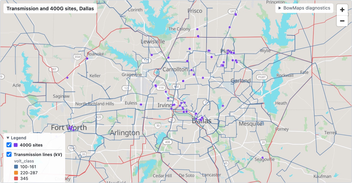 Map of Dallas–Fort Worth with transmission lines coloured by voltage class and 400G sites as purple dots