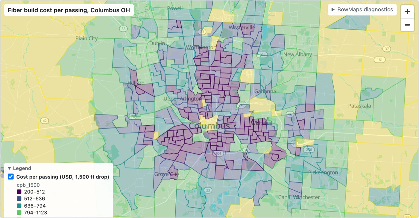 Map of census tracts around Columbus, Ohio, shaded by the cost per home to build fiber